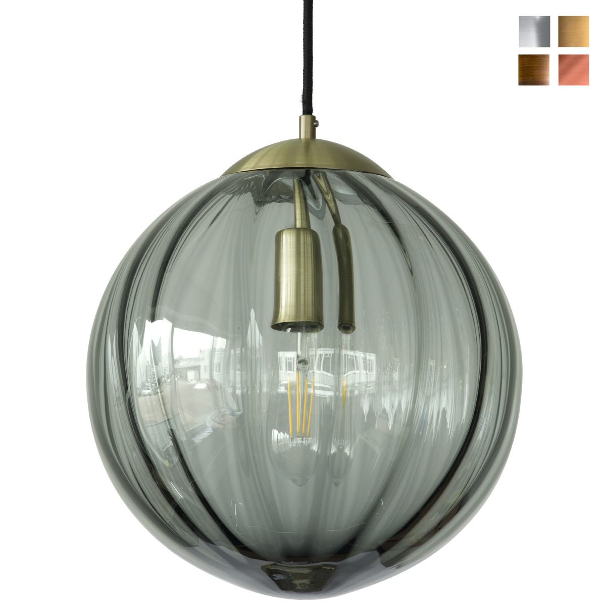 Hängeleuchte mit gewellter Glaskugel in grau (Rauchglas) Hängeleuchte mit gewellter Glaskugel in grau (Rauchglas)