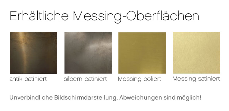 Bild 2: Die erhältlichen Messingoberflächen Außergewöhnliche Hängelampe mit Grammophon-Schirm: Die erhältlichen Messingoberflächen