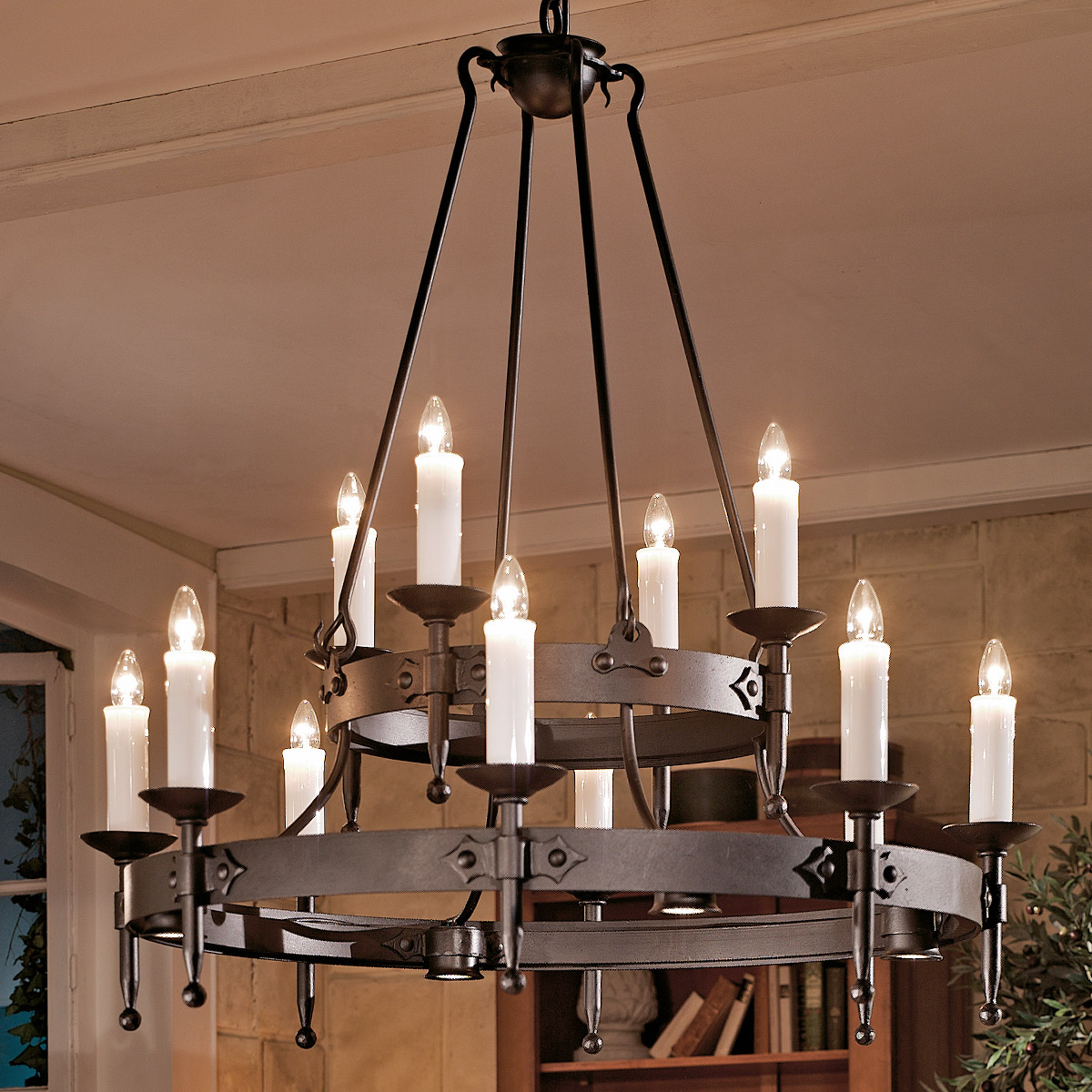 Large forged chandelier with downward spotlights