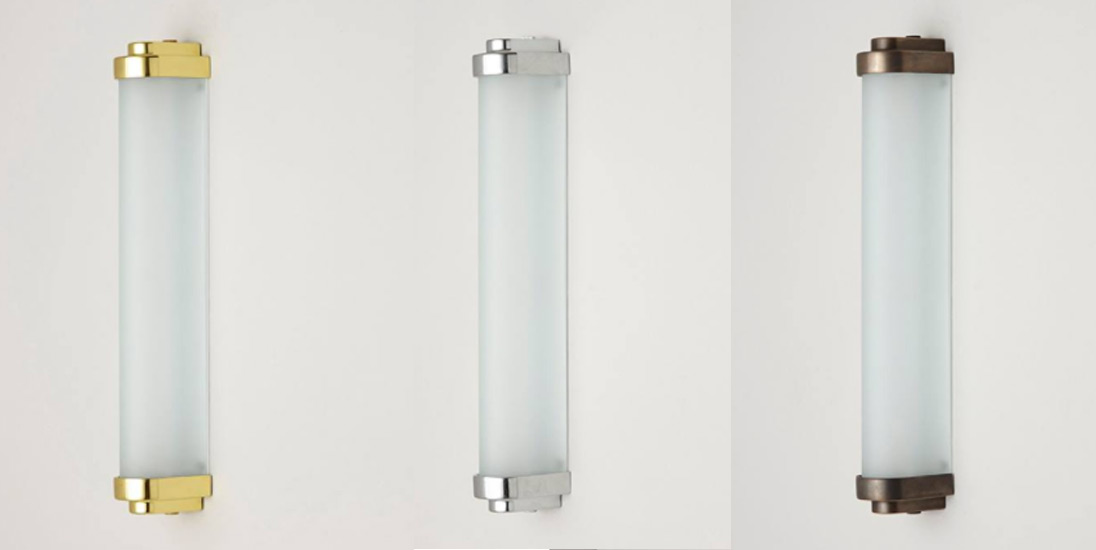 Schmale LED-Wandleuchte für Badspiegel in drei Größen: Modell 2 mit 40 cm Höhe in den verschiedenen Oberflächen (ausgeschaltet)