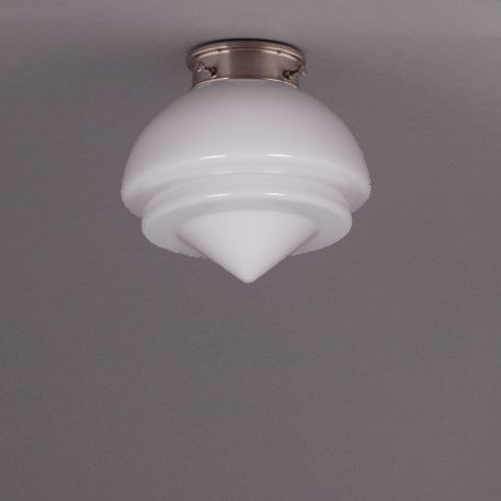 Art Déco-Deckenleuchte mit gestuftem Opalglas mit Spitze Ø 19 cm: Deckenteil schlank und glatt, Nickel matt