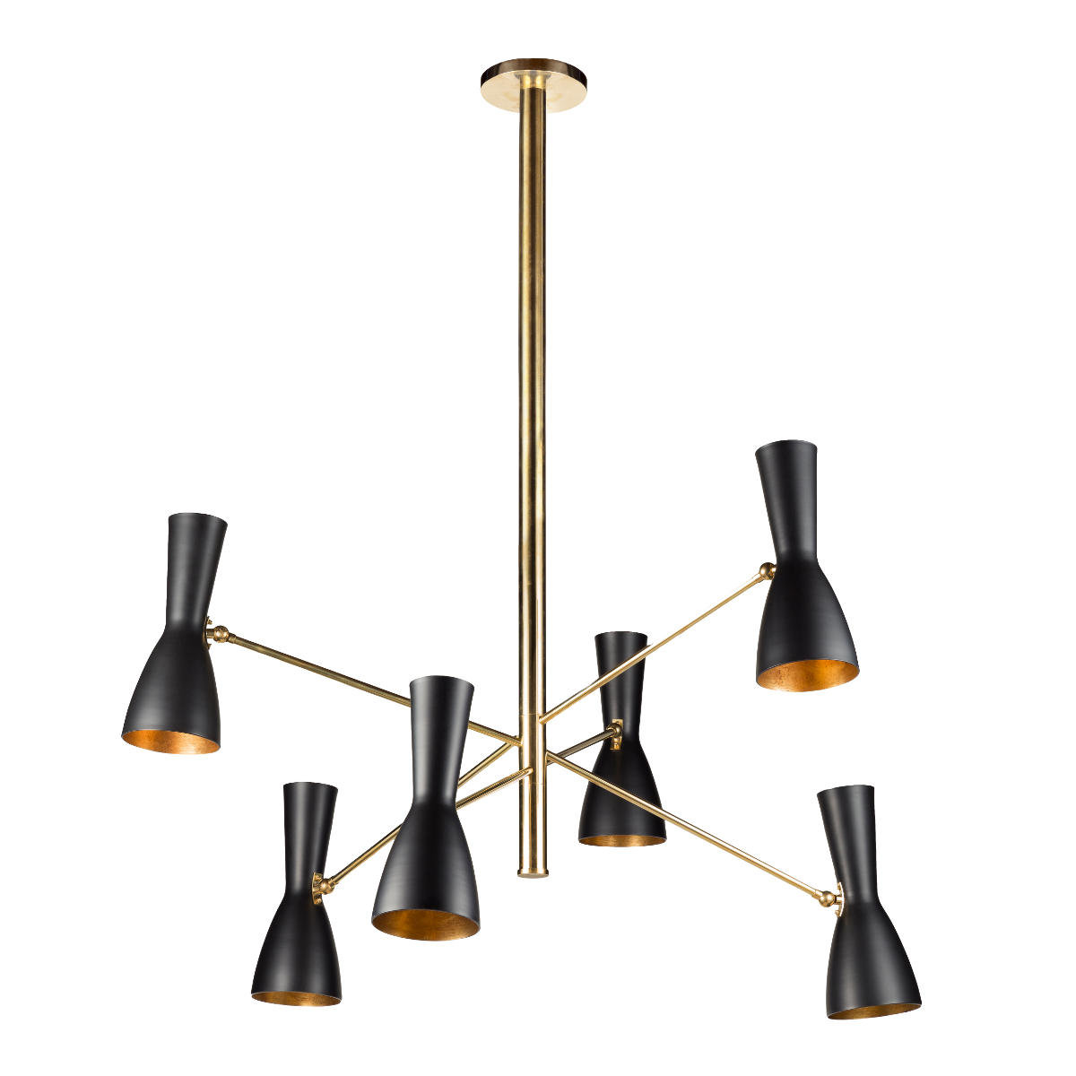 Italienischer Messing-Lüster mit sechs ikonischen Schirmen Italienischer Messing-Lüster mit sechs ikonischen Schirmen