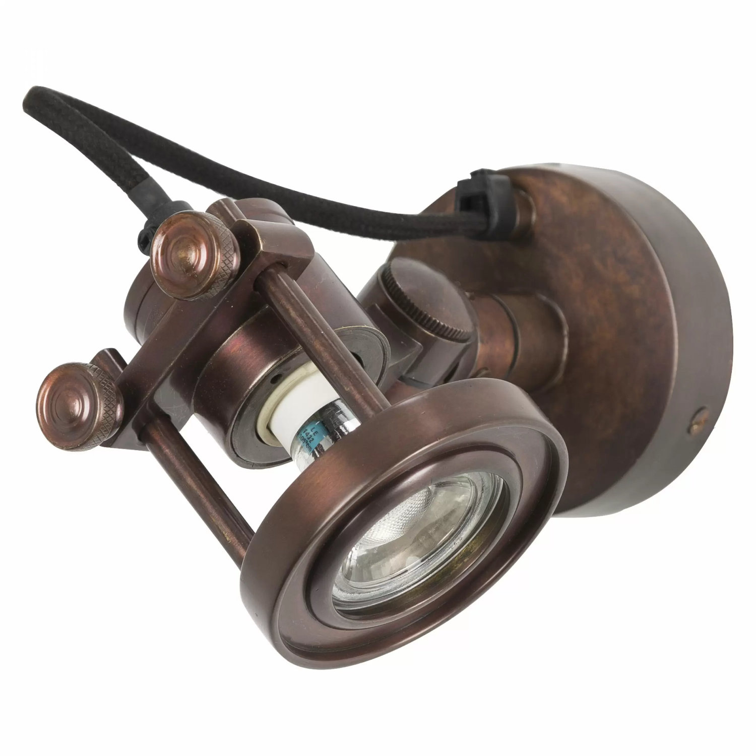 Verstellbarer Wandspot mit technischem Charme, Kupfer-Patina