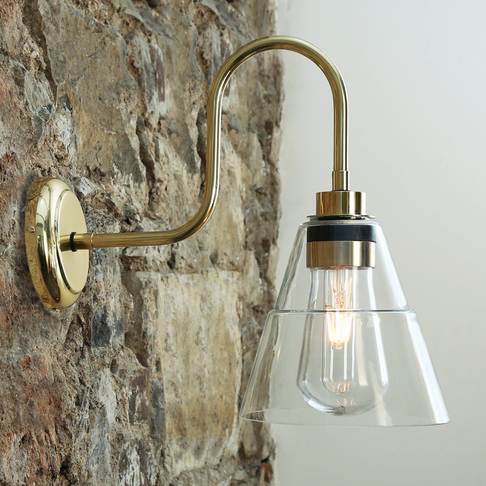 Bild 6: Schwanenhals-Wandlampe mit abgestuftem Glasschirm, IP65; Messing poliert Schwanenhals-Wandlampe mit abgestuftem Glasschirm, IP65: Schwanenhals-Wandlampe mit abgestuftem Glasschirm, IP65; Messing poliert