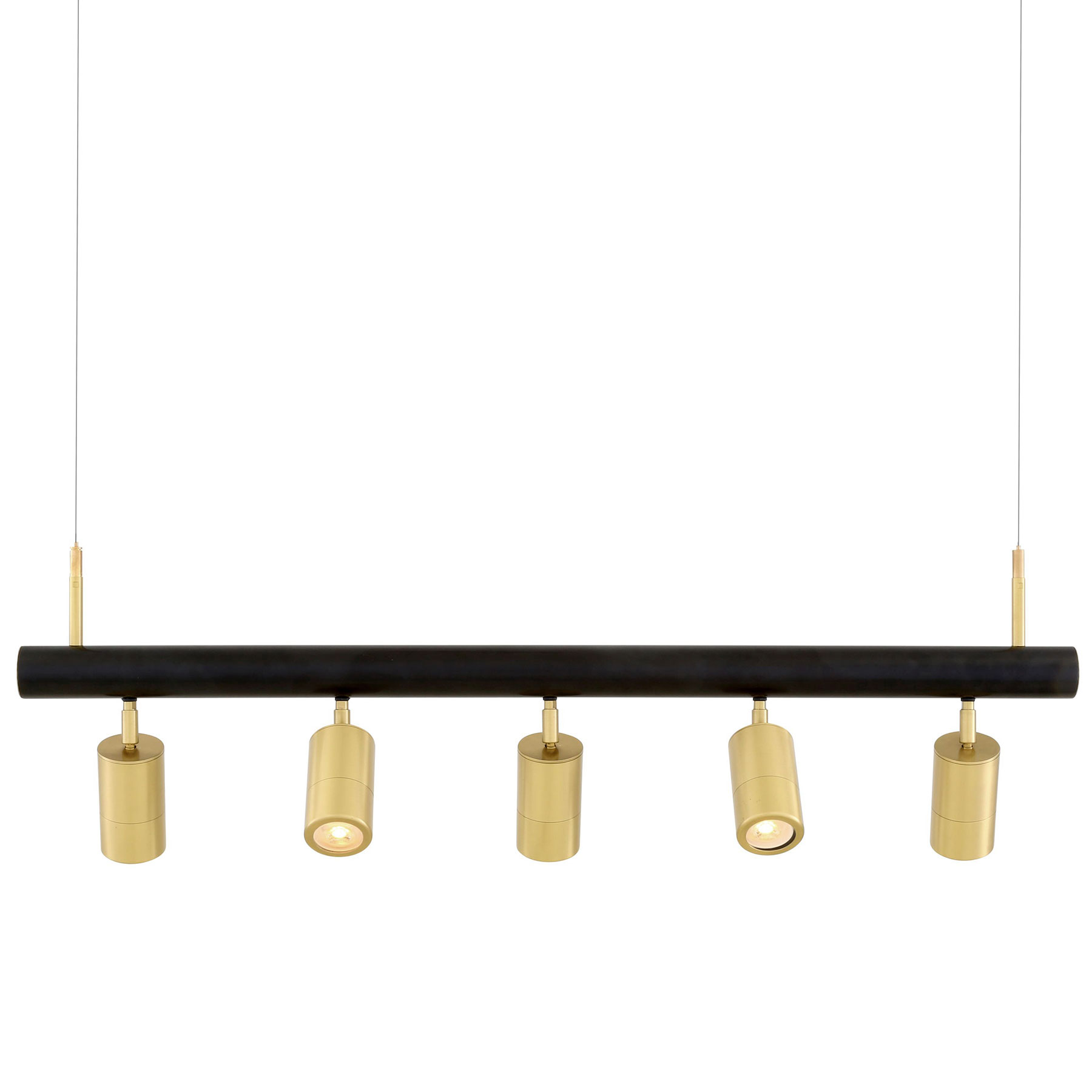 Balken-Hängeleuchte mit fünf verstellbaren Strahlern, Messing Balken-Hängeleuchte mit fünf verstellbaren Strahlern, Messing