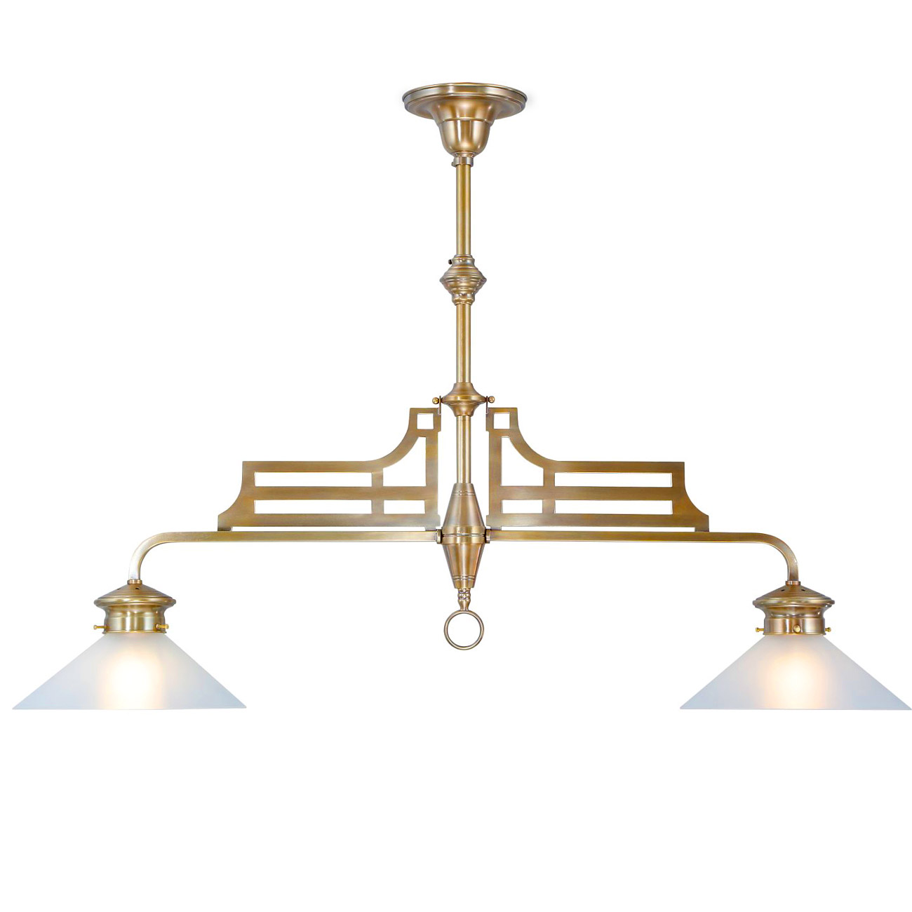 Klassische Billardlampe (Doppel-Pendelleuchte) aus Messing: Die klassische Billard-Lampe aus Messing eignet sich gut zur Tischbeleuchtung