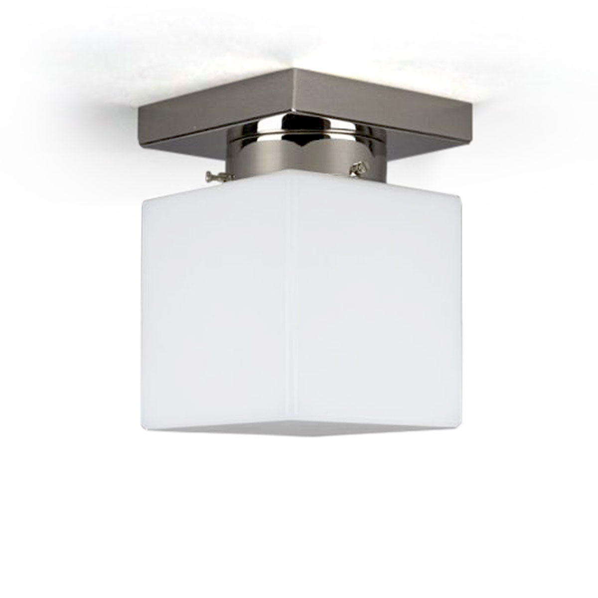 Würfel-Deckenleuchte mit opalem Glaskubus auf quadratischer Halterung 12/15/20 cm
