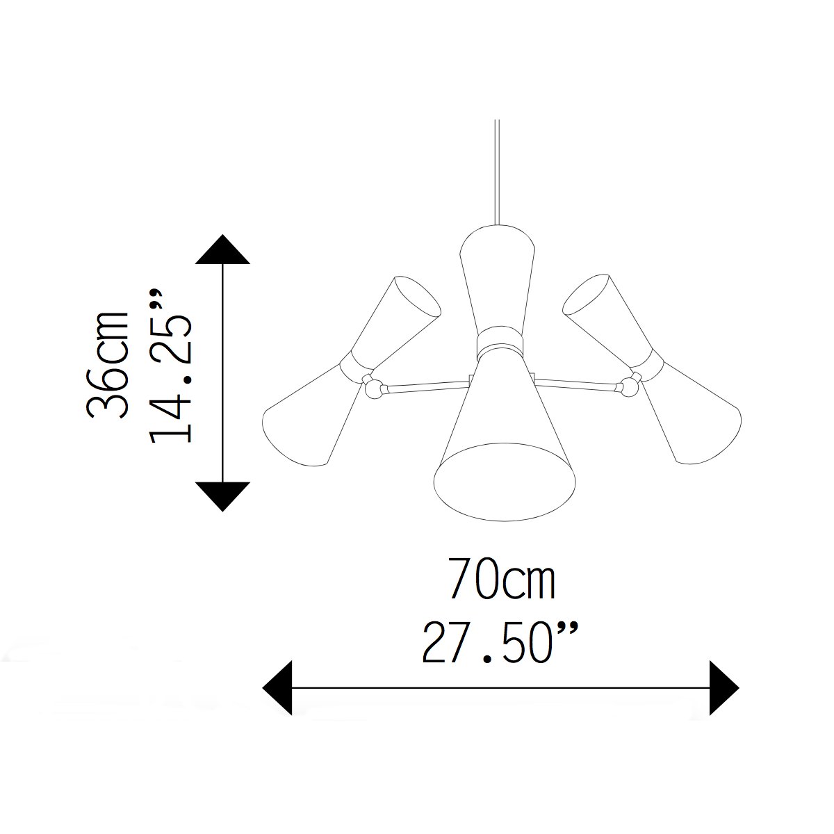 Bild 5: Maße der Leuchte Design-Hängeleuchte KAIRO mit 3 schwenkbaren Tütenschirmen: Maße der Leuchte