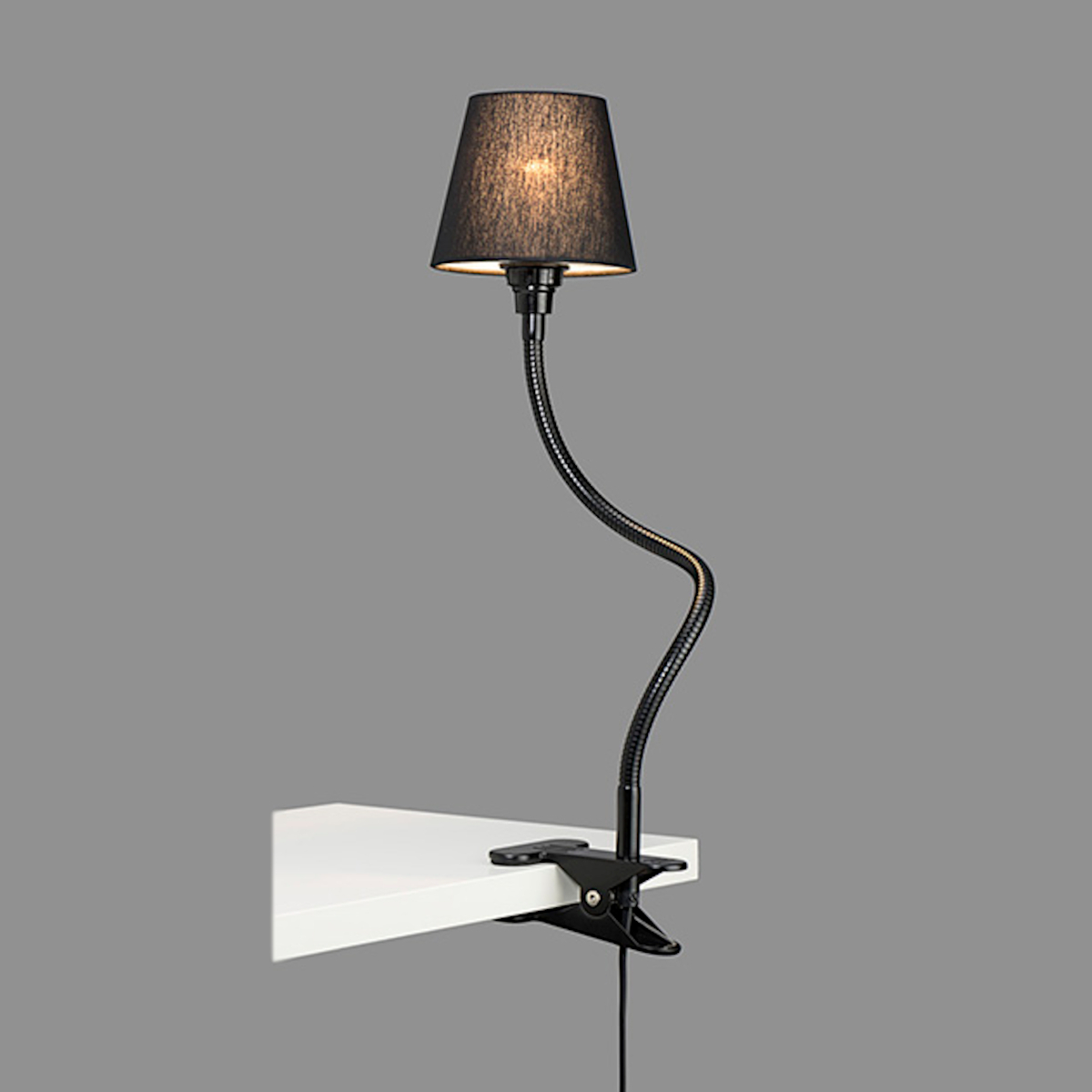 Flexible Feder-Klemmleuchte mit Textilschirm, schwarz Flexible Feder-Klemmleuchte mit Textilschirm, schwarz