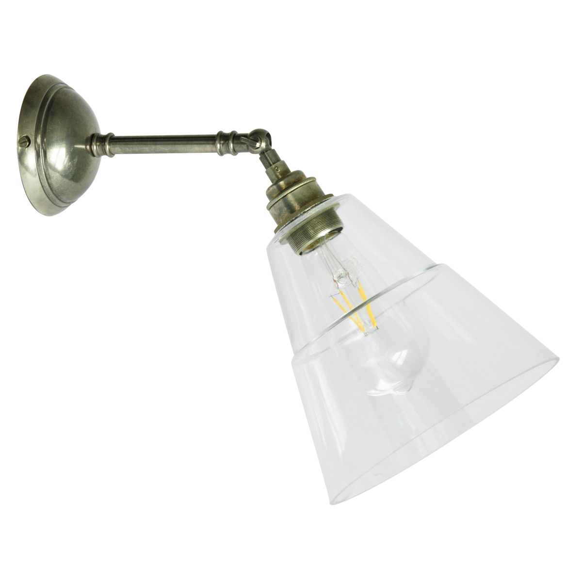 Schlichte kleine Wandleuchte mit abgestuftem Glasschirm: Gelenk-Wandlampe mit Glaskegel, hier Messing alt-silbern patiniert