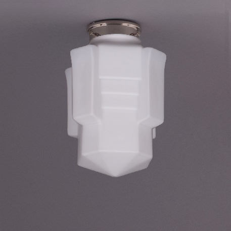 Kleine Deckenlampe mit matt-opalem Art Déco-Glas Ø 16 cm: Deckenteil getreppt, Nickel glänzend