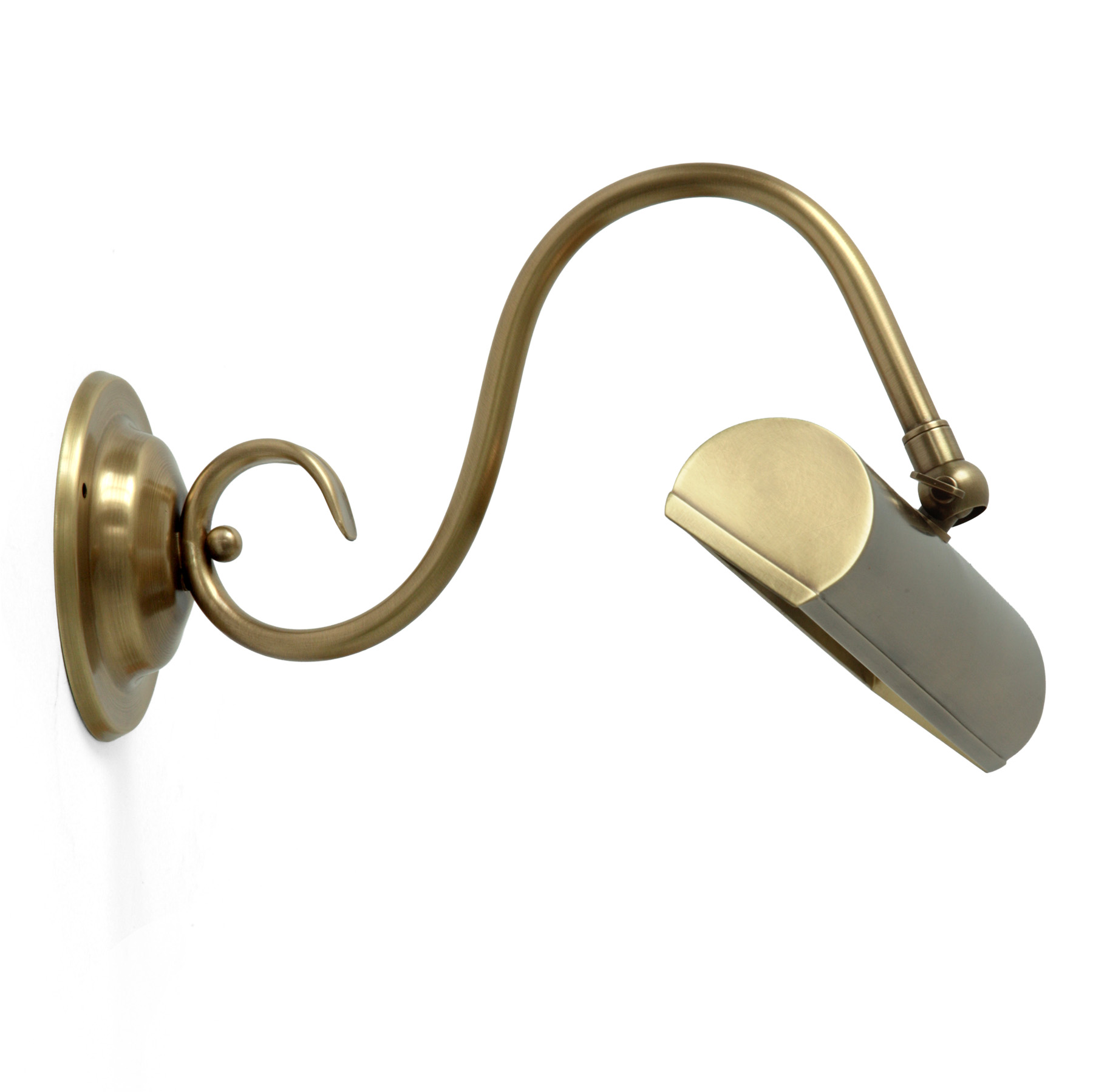 Classic Picture Light in Brass, curved arm, width 30 – 50 cm: Modell 2, abgebildet in Messing patiniert