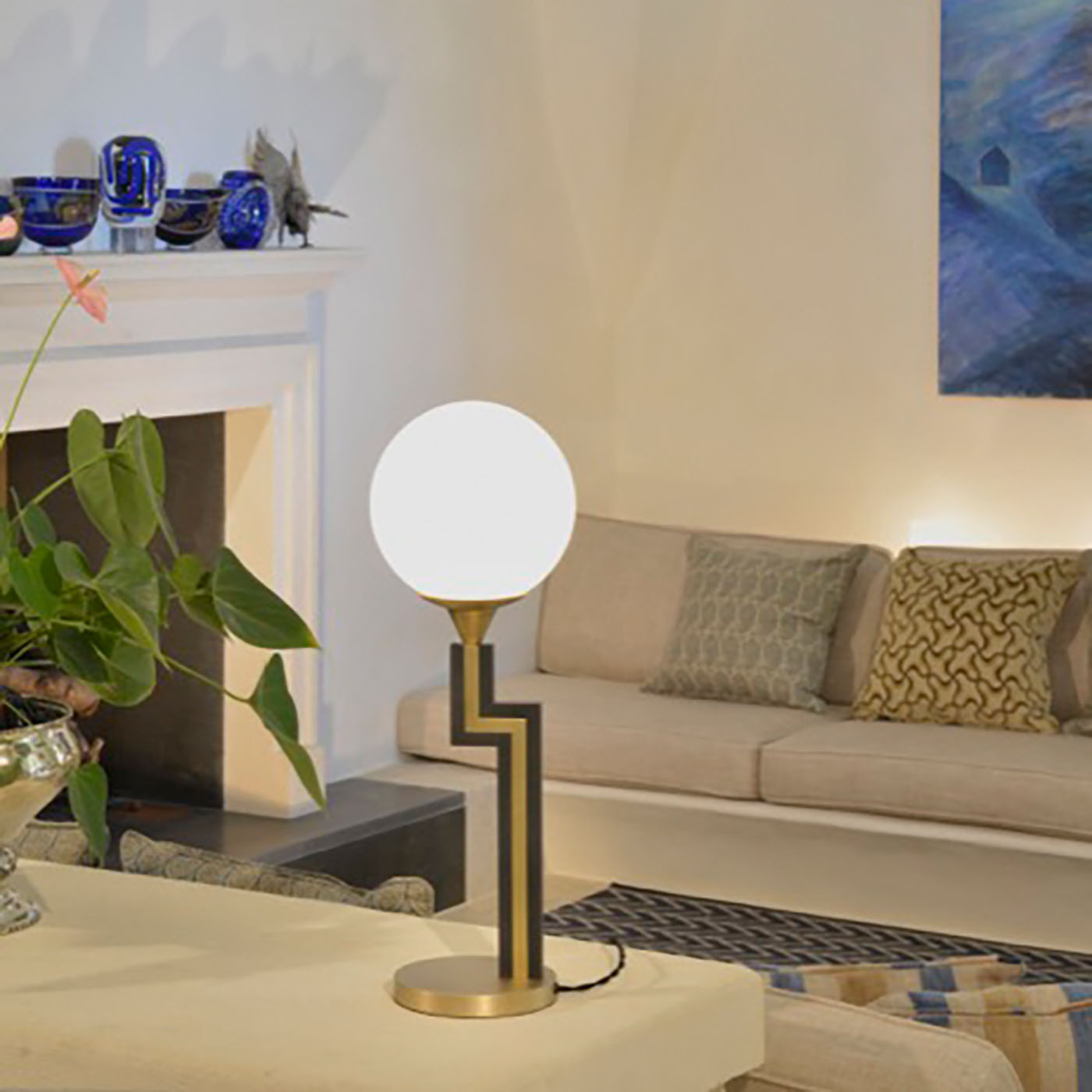 Art Déco-Design-Tischleuchte aus Messing mit Glaskugel L188, Bild 2