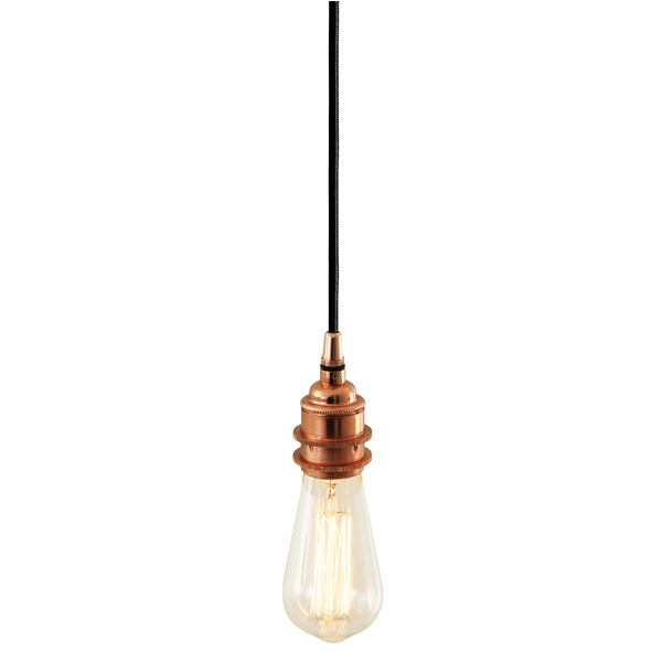 Schlichte Hängeleuchte zum Einsatz mit Edison-Glühlampe: Simple Fassungs-Hängelampe, hier die Ausführung in Kupfer poliert (mit glattem Kabel, auf Anfrage)