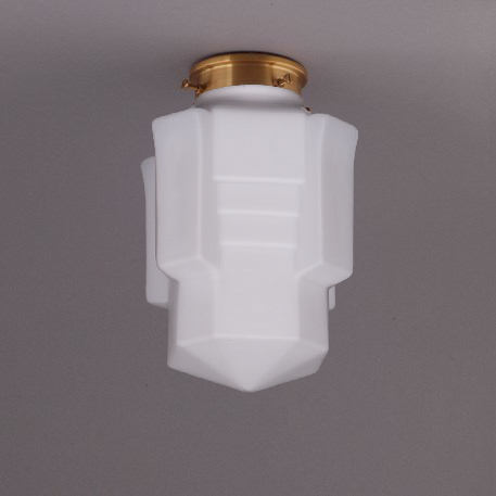 Kleine Deckenlampe mit matt-opalem Art Déco-Glas Ø 16 cm: Deckenteil schlank und glatt, Messing Natur