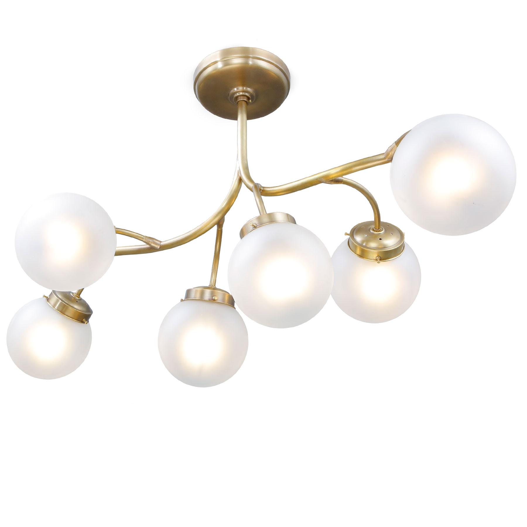 Beeindruckender Decken-Leuchter mit sechs Glaskugeln an Messing-Ästen Beeindruckender Decken-Leuchter mit sechs Glaskugeln an Messing-Ästen