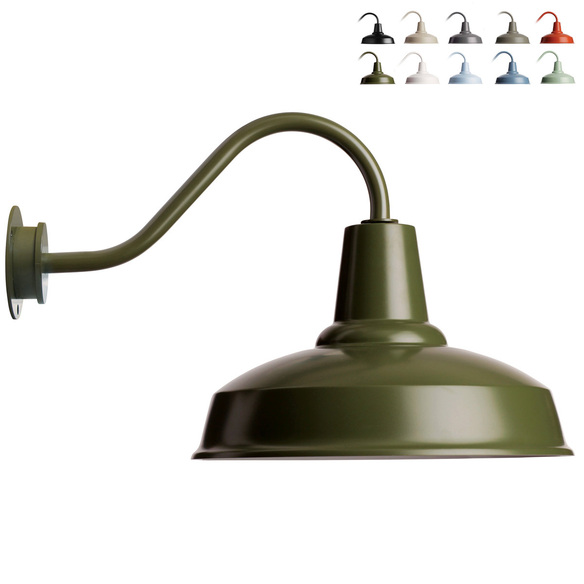 BARN LAMP: Klassische Schwanenhals-Wandleuchte aus Aluminium: Klassische, traditionelle Schwanenhals-Wandleuchte „Barn Lamp“ hier in olivgrün (großes Modell)