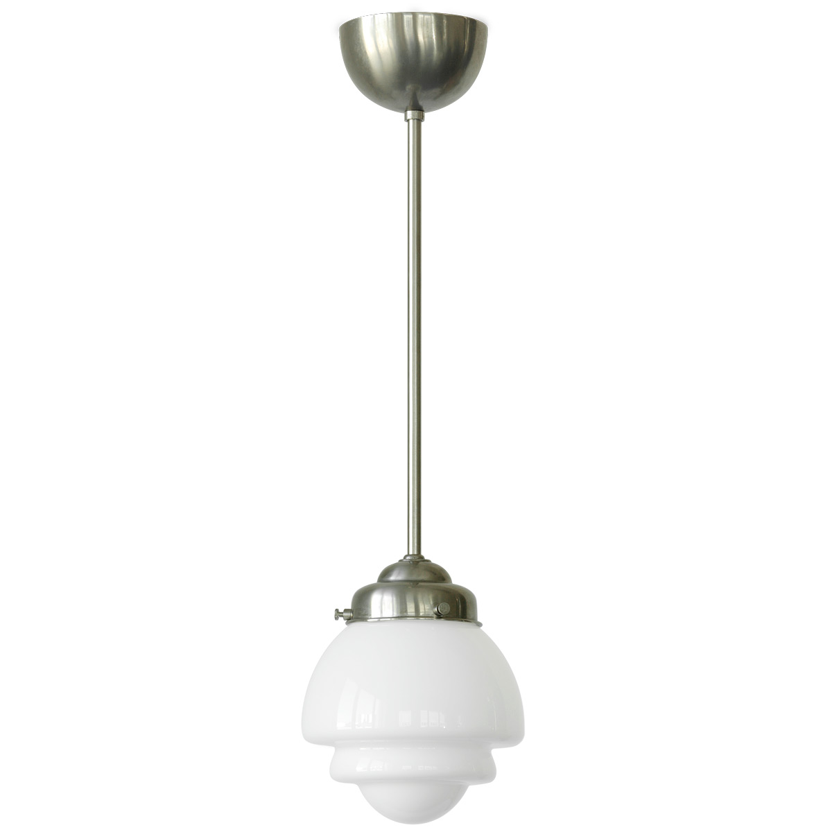 Brass rod pendant lamp with stepped opal glass