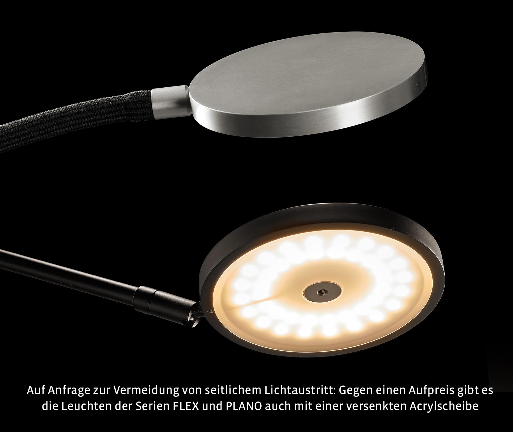 Bild 7: Zur Vermeidung von seitlichem Lichtaustritt: Die alternative Diffusor-Acrylscheibe Gelenk-Tischleuchte PLANO T mit farbechter LED und Dimmer: Zur Vermeidung von seitlichem Lichtaustritt: Die alternative Diffusor-Acrylscheibe