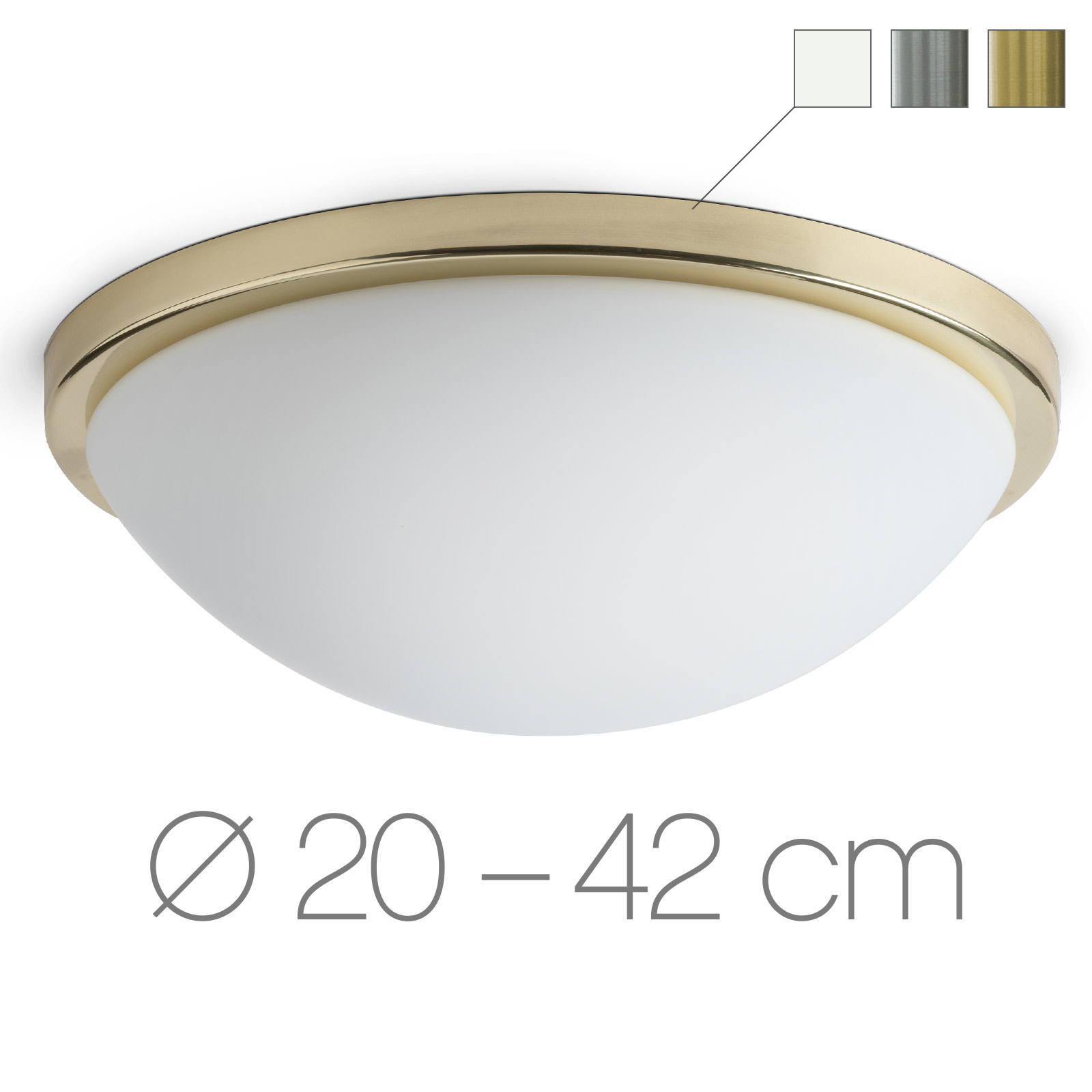 Opalglas-Deckenleuchte mit Ring AURORA R2, Ø 20 bis 42 cm: Flache, schlichte Deckenleuchten-Serie mit samtig-mattem Opalglas, hier in Ø 30 cm und Messing-Zierblende