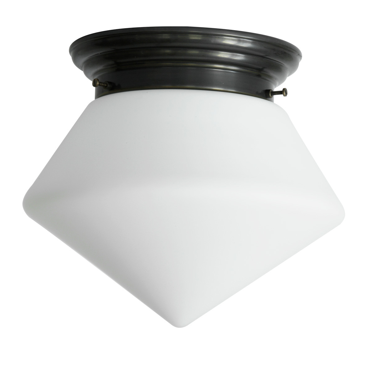 Messing-Deckenlampe mit spitzem matten Opalglas Ø 30/36 cm: Abgebildet mit dunkelbraun handpatiniertem (brüniertem) Deckenteil, kleines Modell