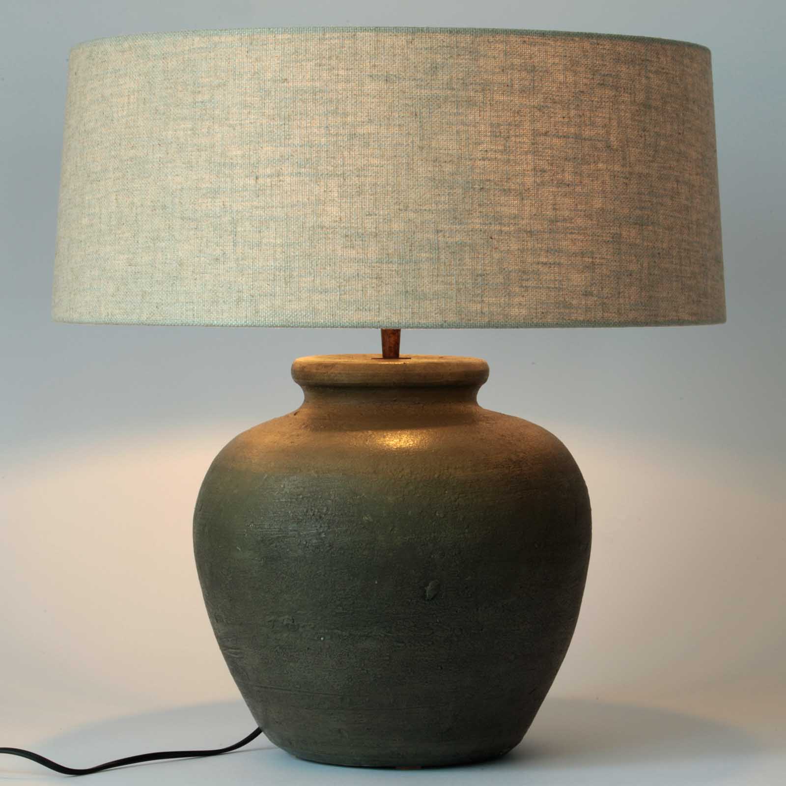 Hand Crafted Pottery Table Lamp VANI Old Green: Leinen Natur (662)