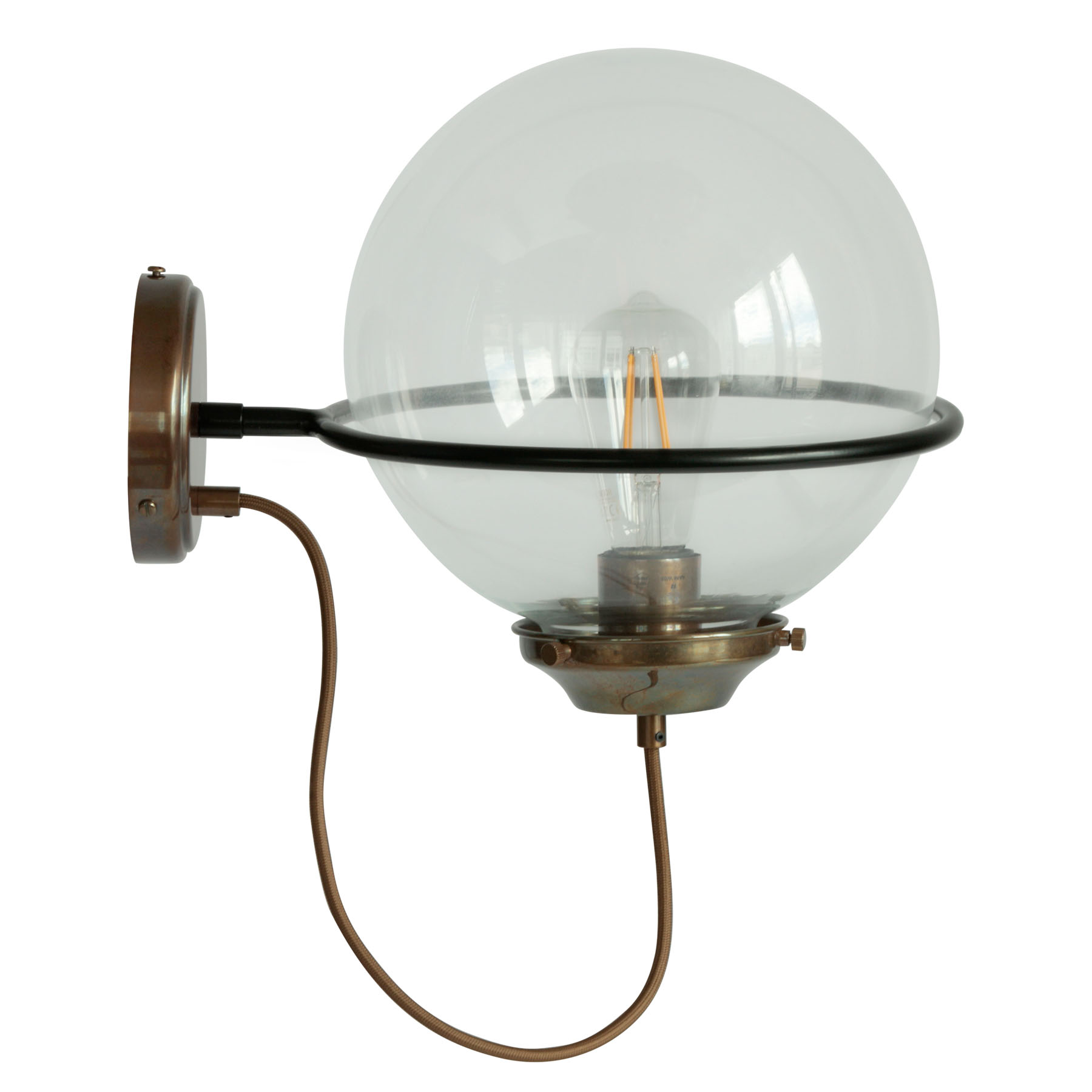 Bild 9: Altmessing patiniert Glaskugel-Wandleuchte mit Ringhalter, klar oder opal: Altmessing patiniert