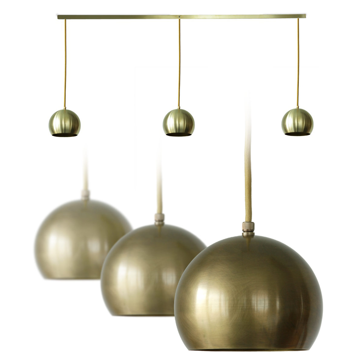 Three-flame spheric pendant lamp (15 cm each) made of copper, brass or aluminum Three-flame spheric pendant lamp (15 cm each) made of copper, brass or aluminum