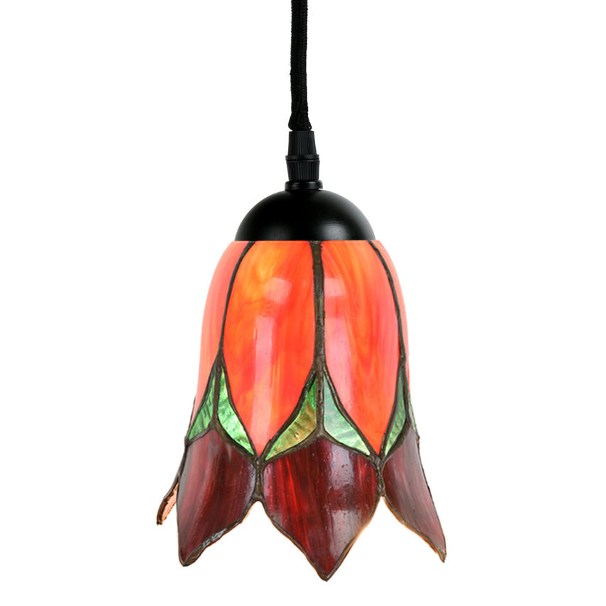 Kleine Tiffany-Hängeleuchte mit rotem Blütenschirm Kleine Tiffany-Hängeleuchte mit rotem Blütenschirm