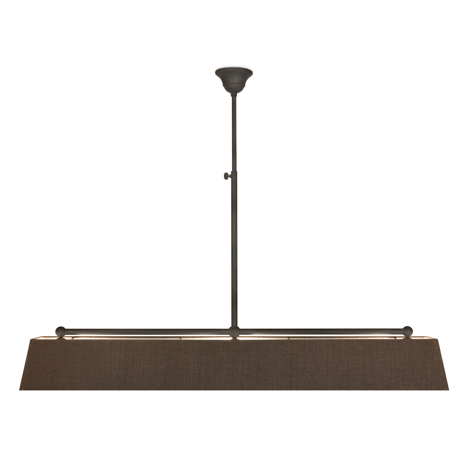 Bild 1: Balken-Hängeleuchte mit Textil-Schirm zur Tischbeleuchtung, hier Modell 1 Dreiflammige Esstisch-Hängeleuchte mit Leinen-Stoffschirm im Cottage-Stil: Balken-Hängeleuchte mit Textil-Schirm zur Tischbeleuchtung, hier Modell 1