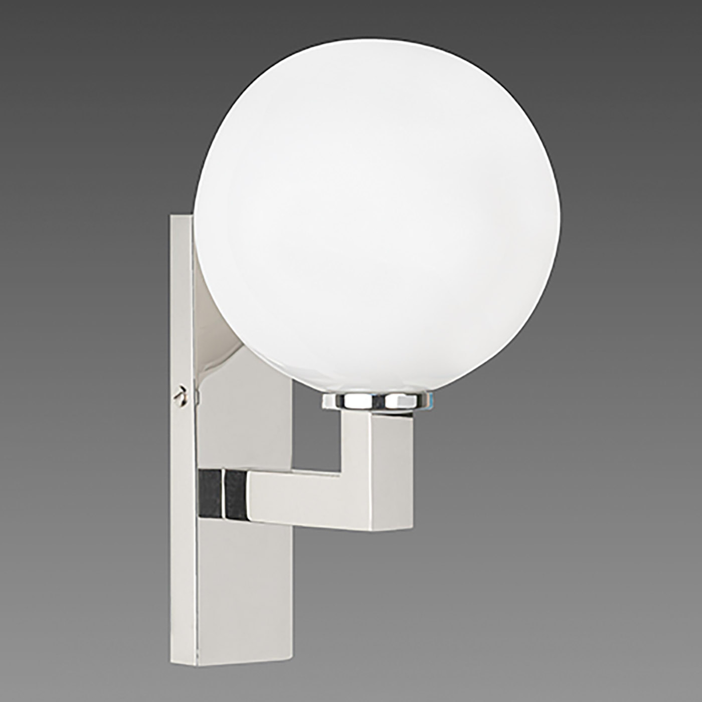 Small IP44 Wall Light with Opal Glass Globe, e.g. for Bathrooms ALV33: Das Modell in Nickel glänzend.