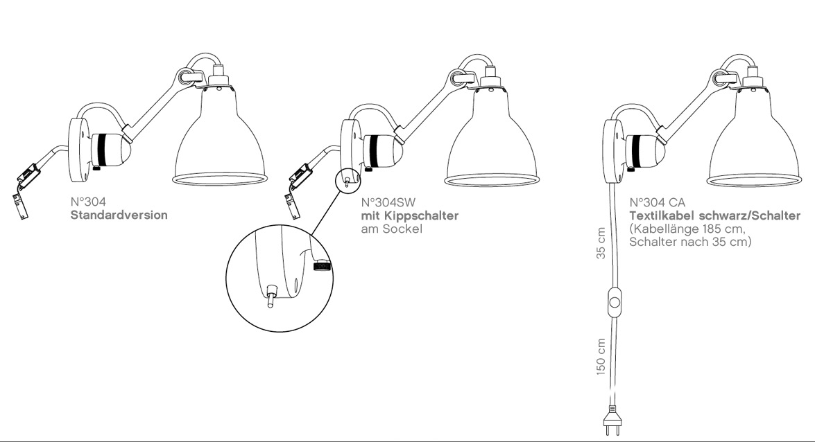 Einstellbare Gelenk-Wandlampe N° 304 mit kurzem Wandarm: Die drei erhältichen Versionen: Auch mit Schalter am Wandteil oder externer Kabelzuführung