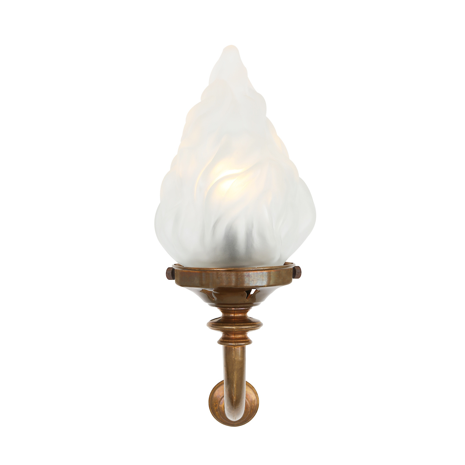 Vintage Wall Light With Satined Flame Shaped Glass: Traditionelle Wandleuchte mit satiniertem Flammen-Glas, hier Alt-Messing patiniert