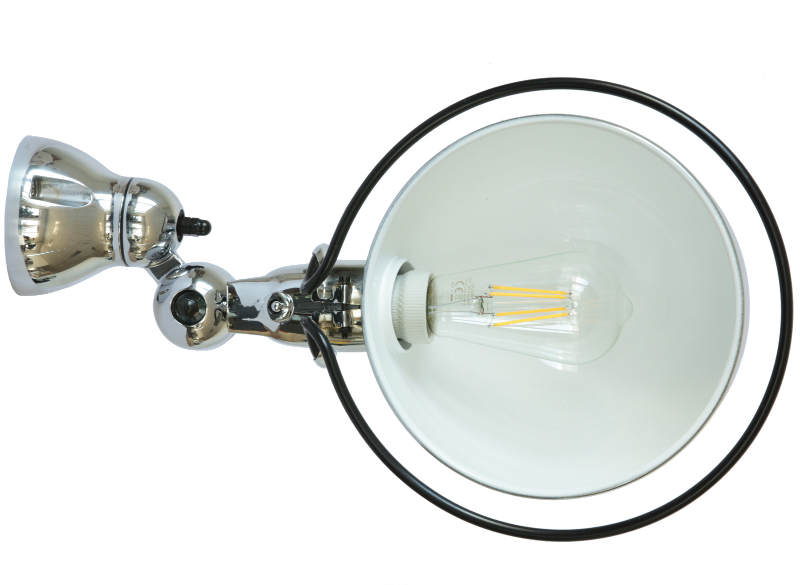 Flexibler Gelenkwandstrahler LOFT mit Halbkugel-Reflektor: Großes Modell mit Kippschalter in Stahl verchromt, groß genug für den Einsatz einer Edisonbirne
