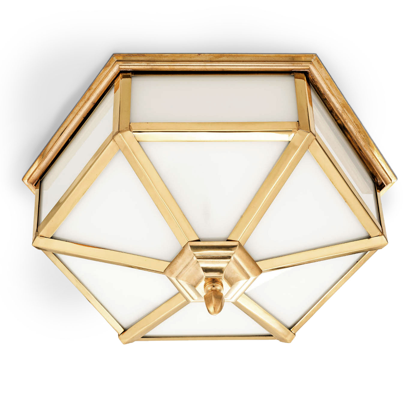 Klassische Deckenleuchte mit sechseckig verglastem Messing-Gehäuse, Ø 26–40 cm Klassische Deckenleuchte mit sechseckig verglastem Messing-Gehäuse, Ø 26–40 cm