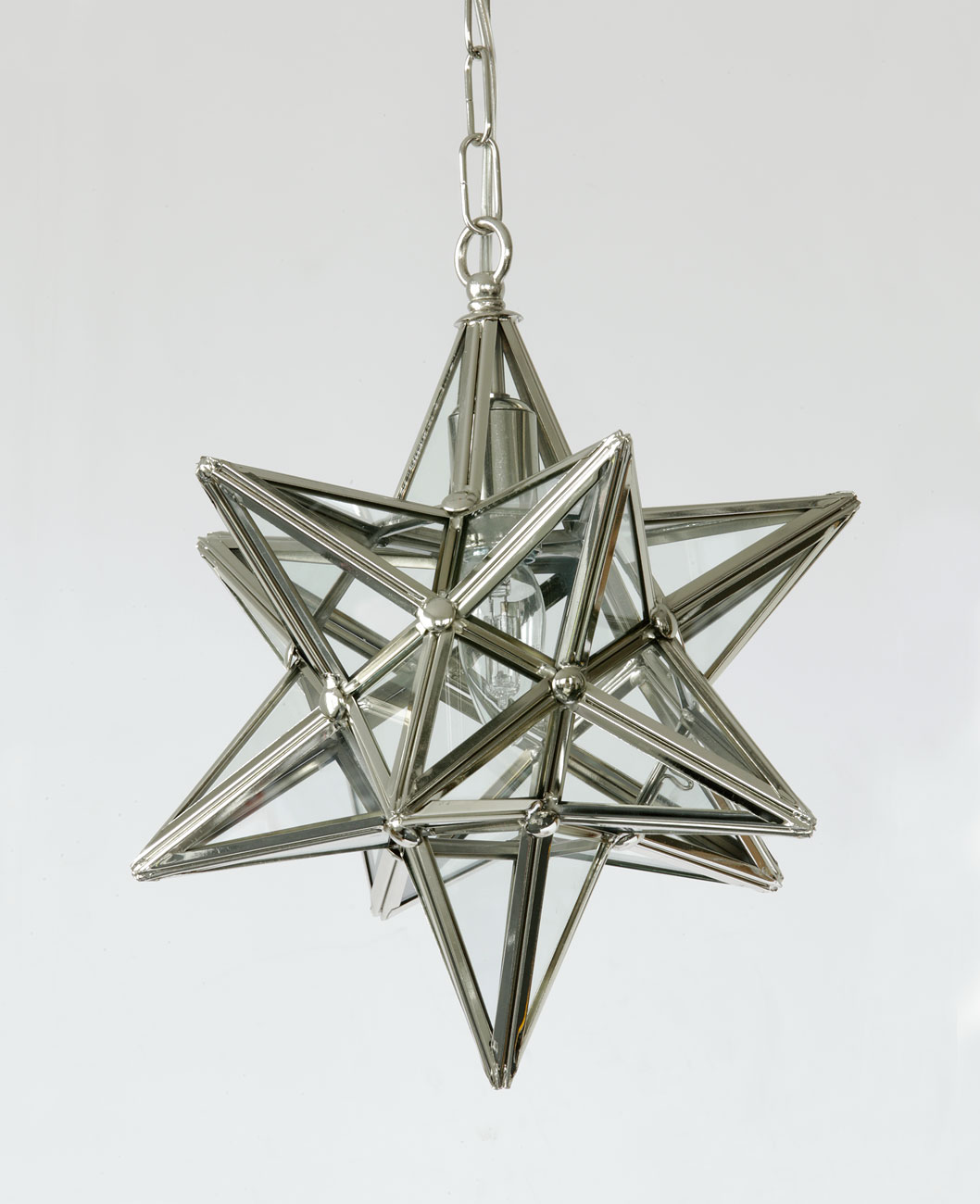 Weihnachtsstern-Hängeleuchte aus Messing (sechs Größen): Die Stern-Laterne, vernickelt, handgefertigt in Messing, Modell 1, 30 cm