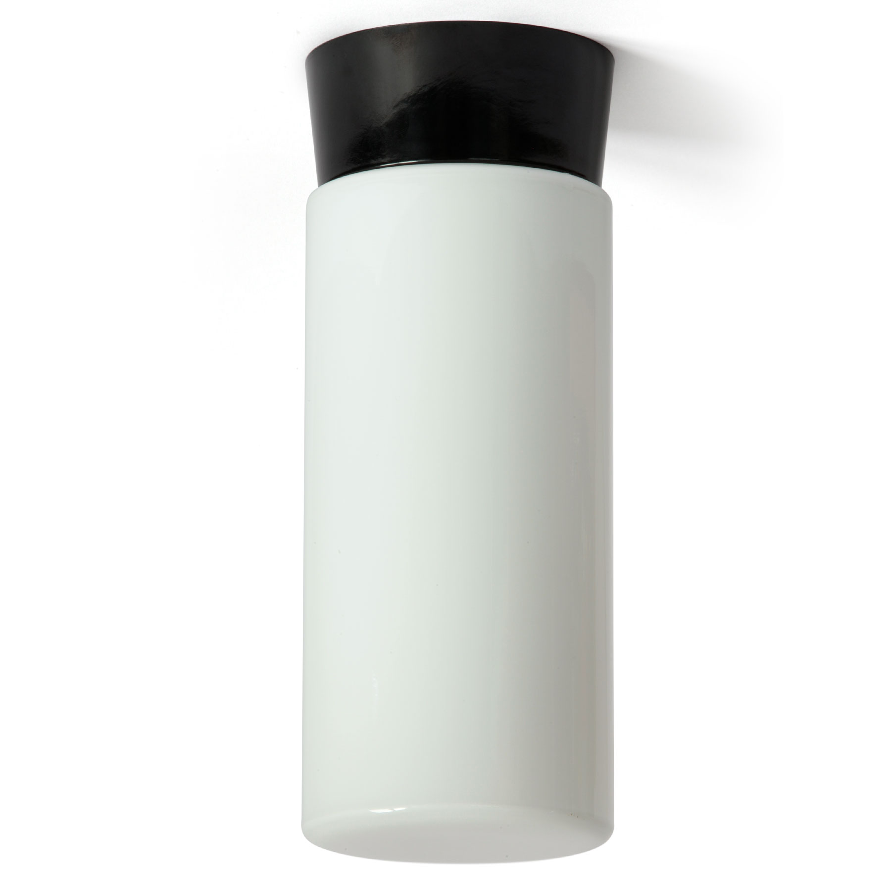 Zylinder-Deckenleuchte aus Opalglas mit Bakelit-Sockel: Ein langer, gerader Opalglas-Zylinder dient als Schirm für diese puristische Bakelit-Deckenleuchte (Höhe 28 cm)