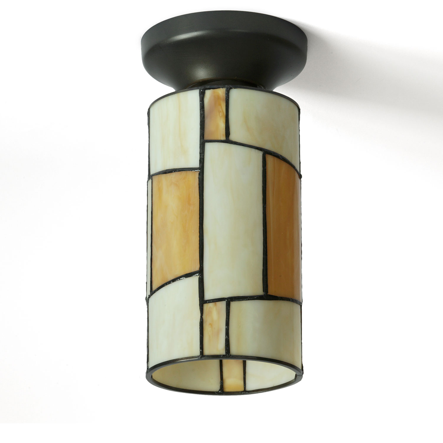 Small Cylinder Ceiling Light with geometric Tiffany Glass Panes Small Cylinder Ceiling Light with geometric Tiffany Glass Panes