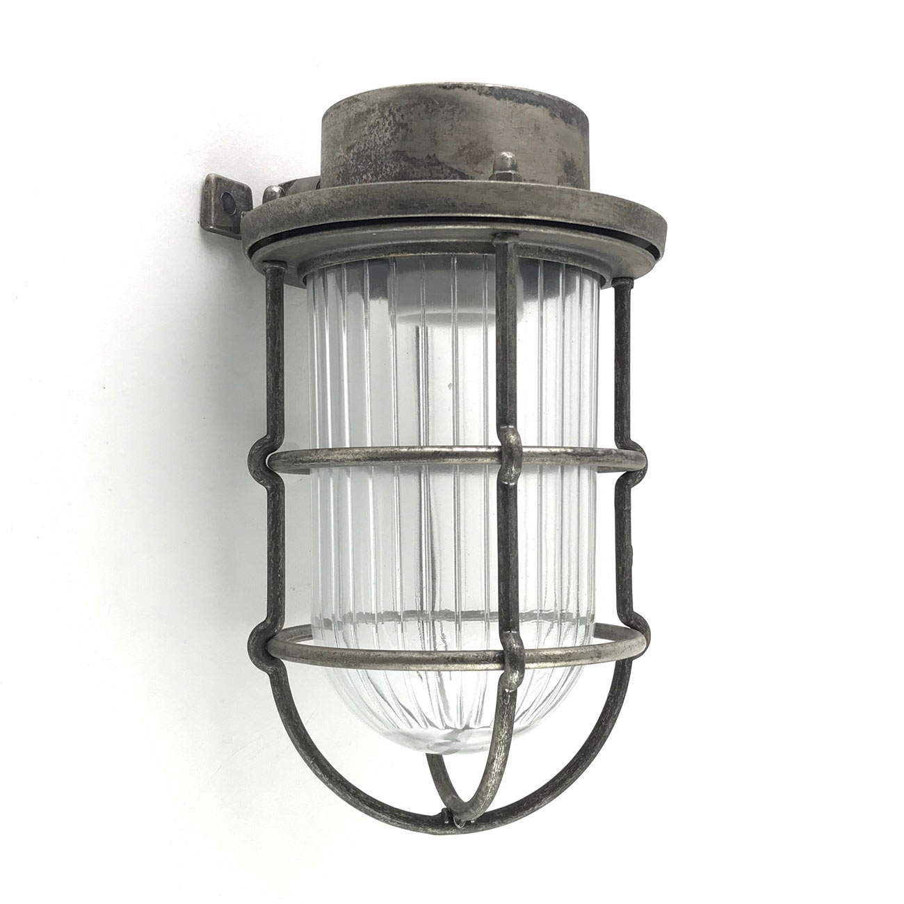 Vergitterte Schiffs-Wandlampe (Kellerleuchte) mit Glas-Zylinder, IP64: Alt-Zinn