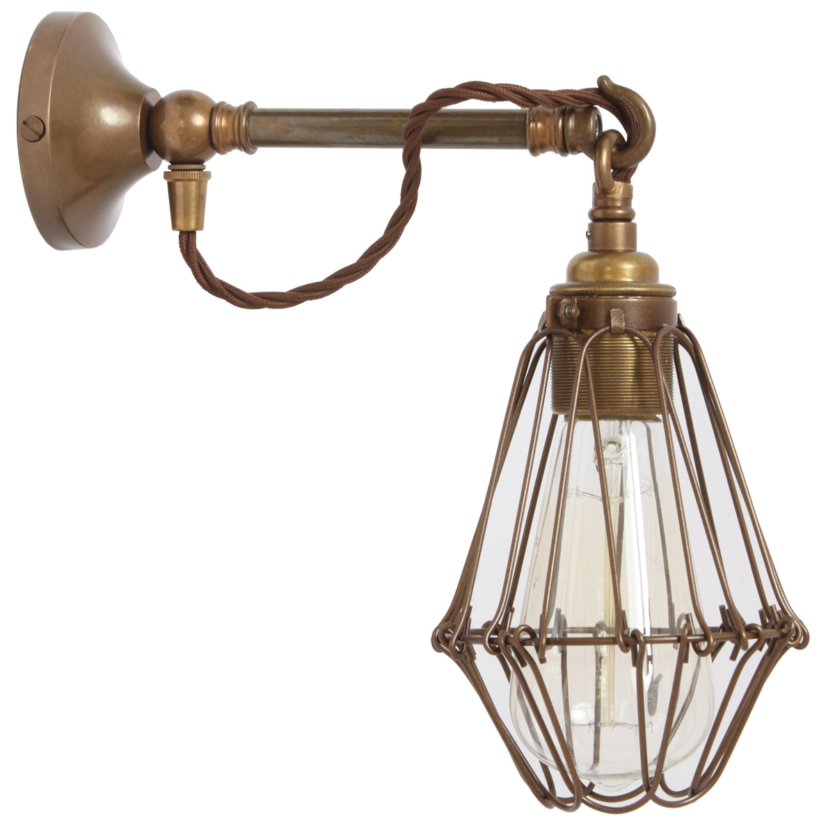 Messing-Wandleuchte mit Haken und Lampenkäfig Messing-Wandleuchte mit Haken und Lampenkäfig