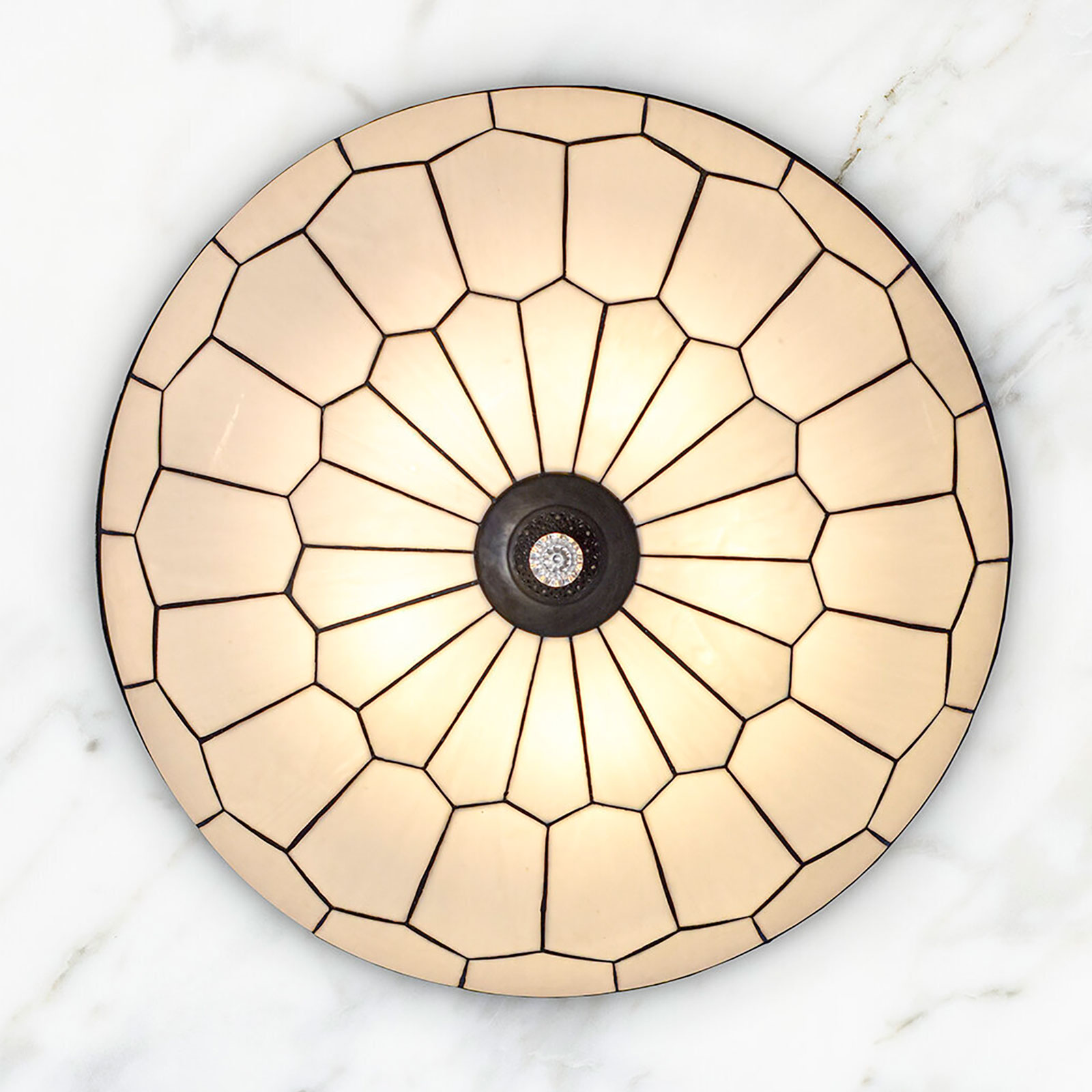 Large Ceiling Light Made of Mother-of-Pearl Glass Panes with Crystal, Ø 80 cm, Fig. 3 Large Ceiling Light Made of Mother-of-Pearl Glass Panes with Crystal, Ø 80 cm, Fig. 3