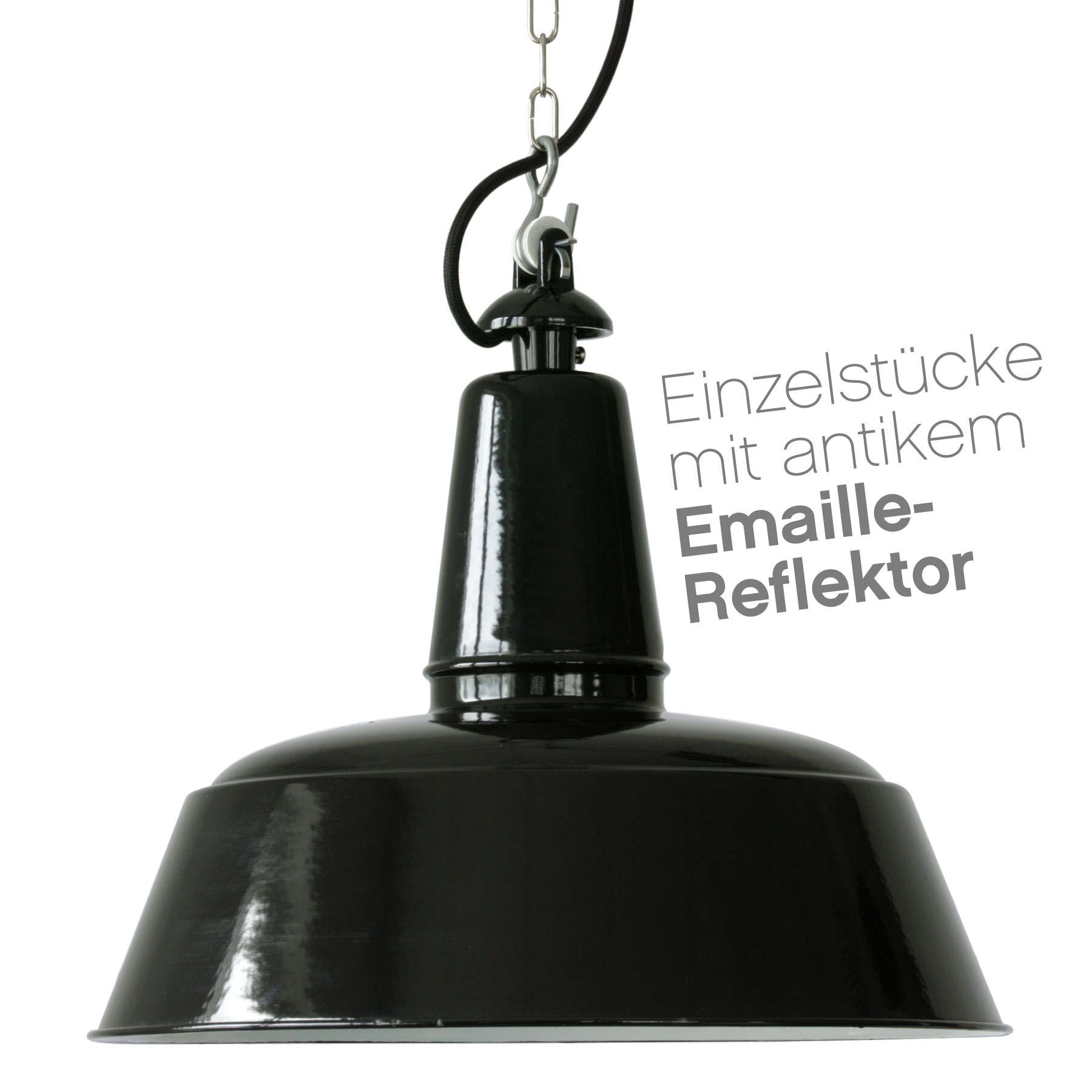 Bild 1: Vintage-Fabrik-Hängeleuchte mit Emaille-Schirm (hier mit Ketten-Aufhängung): Einzelstücke, Ø 400 mm Einzelstücke mit antikem Emaille-Schirm: Hängeleuchte BERLIN 400 mm: Vintage-Fabrik-Hängeleuchte mit Emaille-Schirm (hier mit Ketten-Aufhängung): Einzelstücke, Ø 400 mm