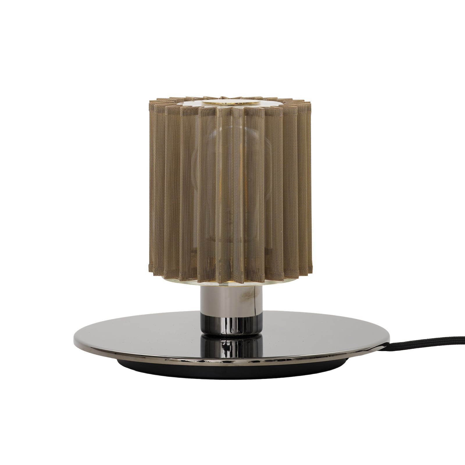 Decorative Design Table Lamp with Mesh Diffuser IN THE SUN 220: Silberner Sockel/Reflektor und goldene Gewebeabschirmung