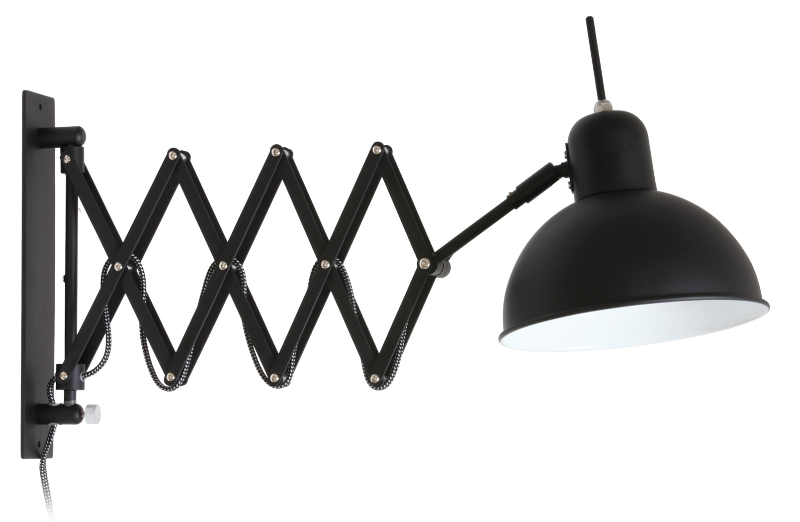 Bauhaus-Scherenleuchte aus Stahl in Schwarz: Wandschild, Schere und Reflektor der Bauhaus-Scherenleuchte aus schwarz lackiertem Stahl