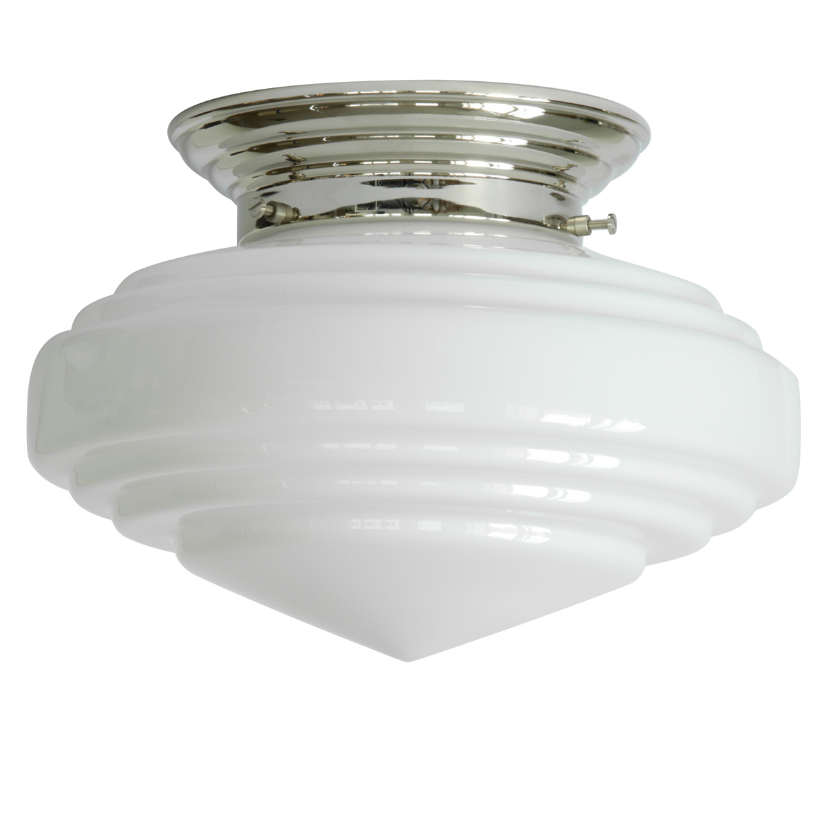 Messing-Deckenlampe mit spitzem Stufenglas Ø 30 cm: Art déco-Deckenleuchte mit Opalglas, Messing glanzvernickelt