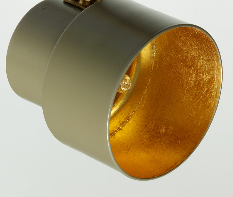 Einstellbare Mid Century-Deckenleuchte aus Italien, Messing: Schirm des kleinen Modells Ø 10 cm in beige-grau (RAL 7006) mit Innenseite aus Blattgold