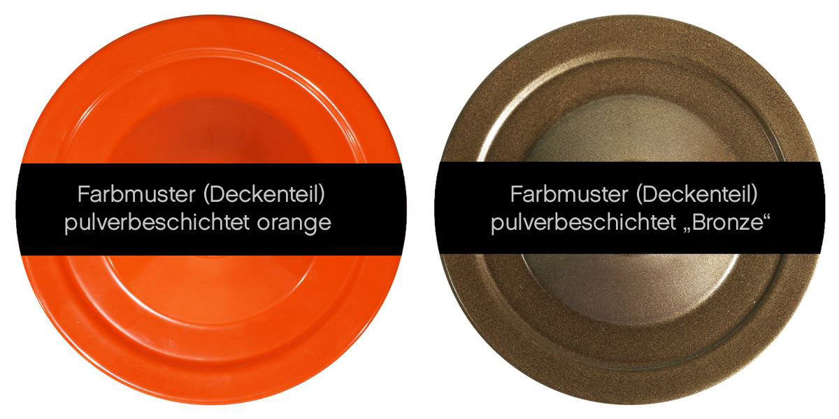 Typische Fabrikhängelampe 30 cm in vielen Farben: Farbbeispiele orange und „bronze“ pulverbeschichtung anhand des Deckenteils