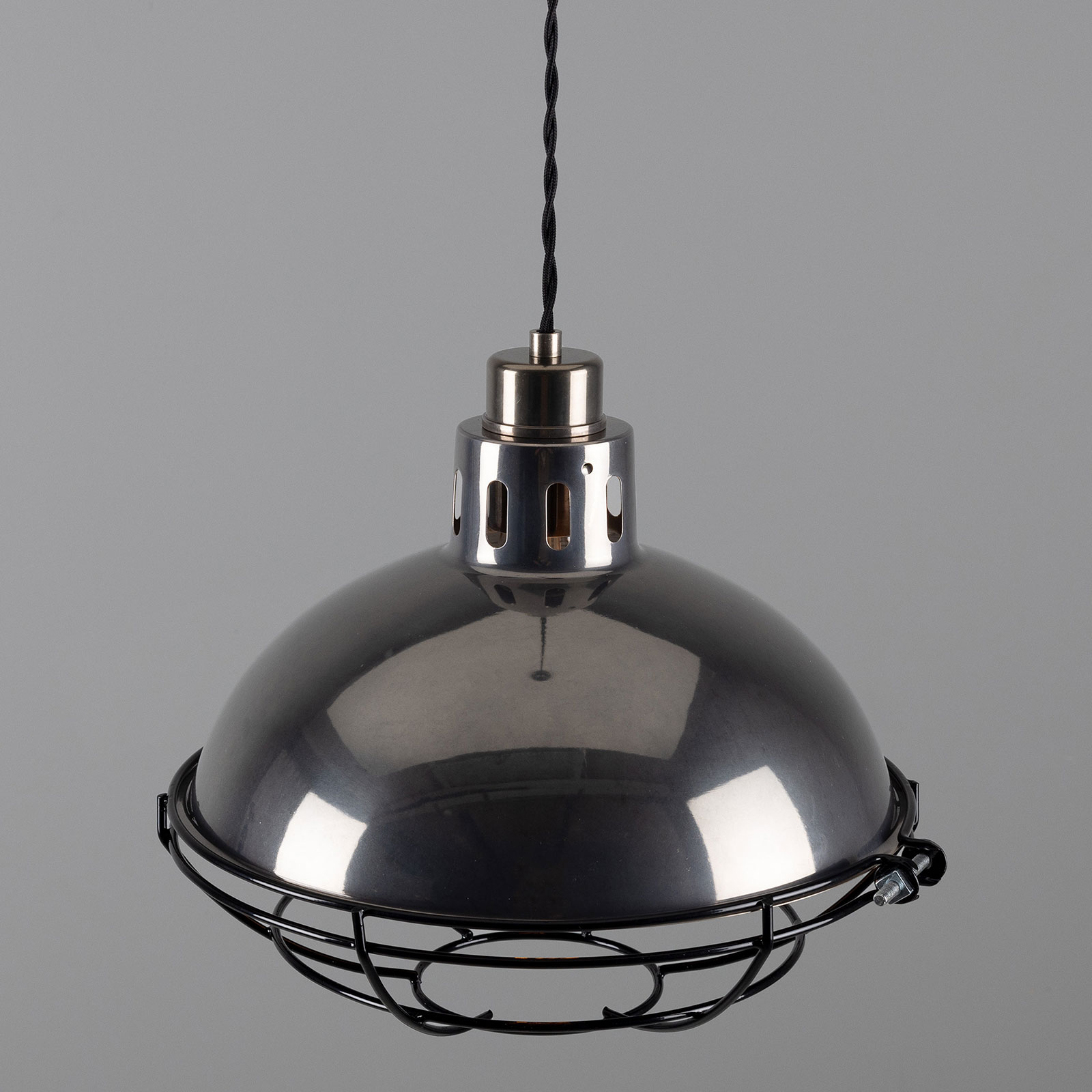Klassische Fabriklampe aus Messing mit Schutzgitter-Käfig, 32 cm: Messing alt-silbern patiniert