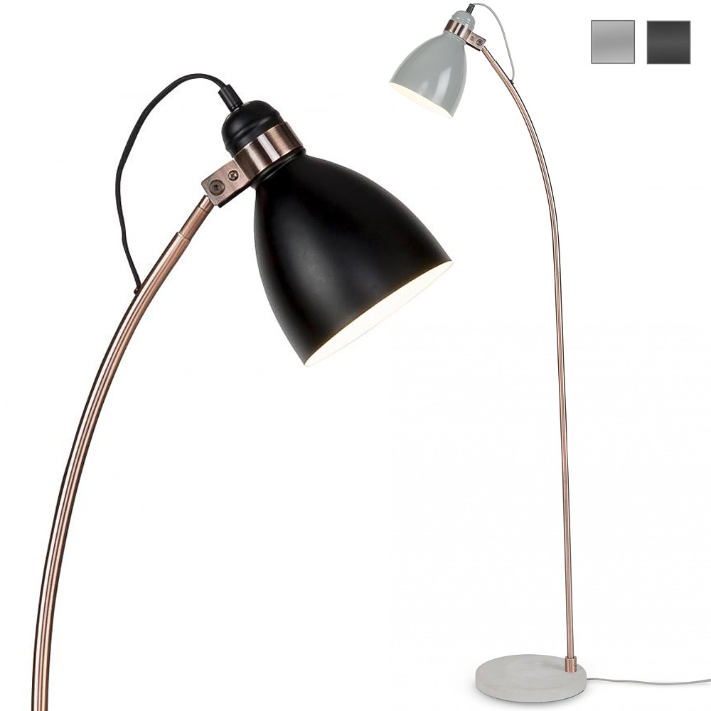 Design-Stehlampe mit Kupfer und Beton-Sockel: Design-Stehleuchte mit Beton-Sockel, Kupfer-Rohr und kleinem Schirm in schwarz oder grau