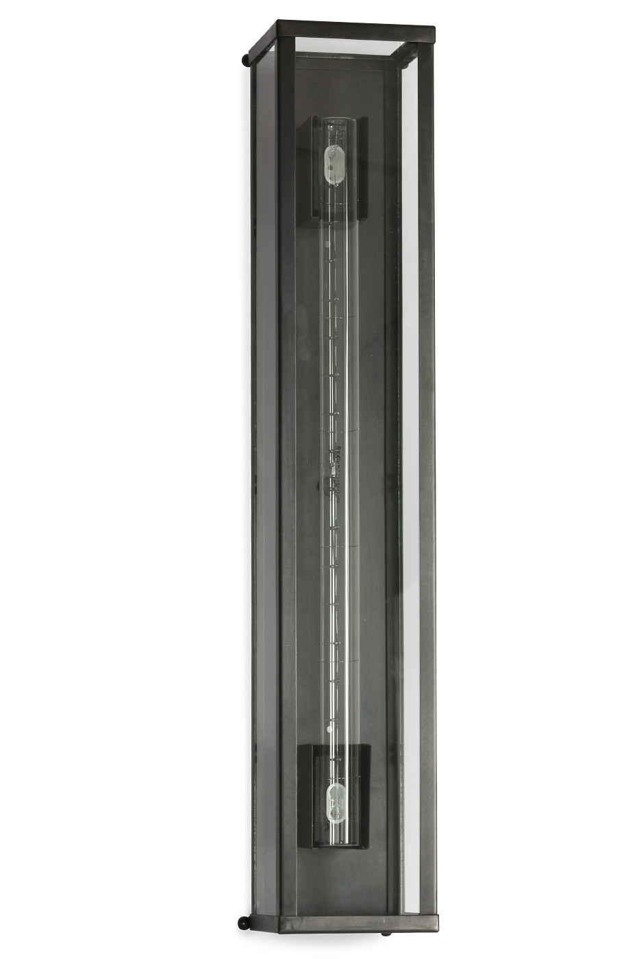 LINESTRA VITRINE: Schmale verglaste Kasten-Wandleuchte: Die Kasten-Wandleuchte mit „Linestra“-Linienlampe, Modell 2 (H 61 cm) in „Bronze dunkel“